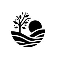 Minimalist black and white depicting a tree, sun, and landscape, symbolizing nature and growth, presented in a circular design. vector