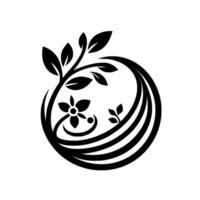 Elegant monochrome floral emblem featuring a stylized flower and leaves within a circular design, framed by flowing lines. vector
