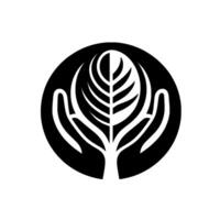 Abstract Monochrome Logo A stylized tree with a leaflike center is embraced by outstretched hands inside a black circle, symbolizing care and growth. vector