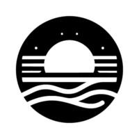 A minimalist circular showcasing a sunset over the ocean, with stylized waves, horizontal lines, and a celestial ambiance. vector