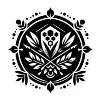 Monochromatic stylized emblem featuring a central shield with honeycomb pattern, crossed arrows, and stylized leaves within a circular frame, adorned with symmetrical floral elements and dots. vector