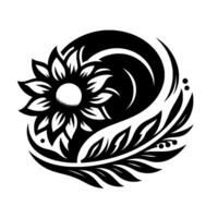 Intricate Black and White Floral Yin Yang with Sunflower, Crescent, and Leafy Elements, Forming a Harmonious Composition. vector