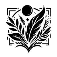 Intricate monochrome botanical illustration featuring a stylized feather, leaves, and geometric elements within a square frame, evokes elegance. vector