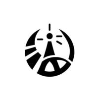 Stylized Black and White Lighthouse with Circular Composition, Radiating Light Elements, and Abstract Geometric Forms. vector