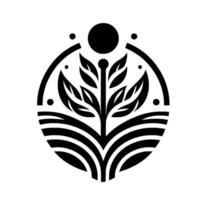 A minimalist, black and white botanical illustration featuring a stylized plant encircled within a graphic, symmetrical composition, evoking nature. vector