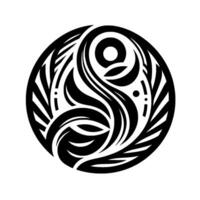 Intricate, symmetrical black and white circular featuring organic forms, resembling leaves and flowing lines, in a minimalist style. vector
