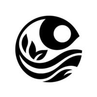 Abstract Black and White Circular Logo Leaf, Wave, and Celestial Body Design. A stylized representation of nature elements enclosed within a circle. vector