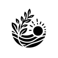Minimalist Black and White Logo A Leafy Branch, Sun, and Field Encapsulated in a Semicircle. vector