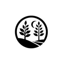 Minimalist Black and White Logo Two stylized trees and a crescent moon nestled within a circular frame, atop rolling hills. vector
