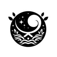 A monochrome emblem of a stylized crescent moon and swirling nebula, house, and water, framed by leaves in a circular composition. vector
