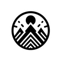Minimalist Black White Mountain Range Inside a Circle, Featuring a Central Peak with Sunset and Geometric Elements. vector