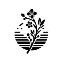 Artistic Minimalist Black and White Floral Illustration Cherry Blossom Branch within a Stylized Circle with Simple Dot and Line Elements vector
