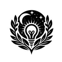 Illuminated Dreamscape A Light Bulb, Crescent Moon, and Stars Encircled by Foliage, A Monochrome Symbol of Creativity. vector