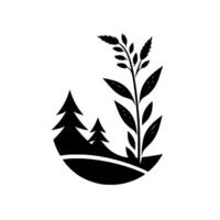 Minimalist Monochrome Illustration A stylized black and white representation of a wheat stalk and pine trees on a curved landscape. vector