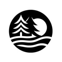 A minimalist black and white circular emblem featuring two stylized evergreen trees on a wavy landscape, with a crescent moon behind, conveying natures calm. vector