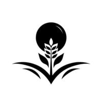 A stylized, minimalist featuring a black orb behind a wheat stalk sprouting from a Vshaped base, set against a stark white backdrop. vector
