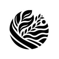 A minimalistic, stylized circular emblem featuring stylized flora, horizontal wavy lines, and a small dot representing the sun, all in black against a white background, evoking nature and balance. vector