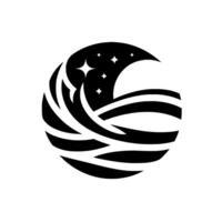 A minimalist, black and white circular depicting a stylized moon, ocean waves, and sparkling stars, evoking tranquility. vector