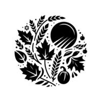 A circular, stylized black and white autumn harvest emblem, featuring leaves, wheat, a pumpkin, and a sun motif, creating a cohesive autumnal composition. vector