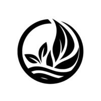 Elegant Black and White Logo Circular Featuring Abstract Leaves Rising from Stylized Waves Within a Frame. vector