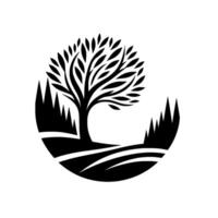 Stylized Black and White Illustration A Tree Nestled Within a Landscape Circle, Evoking Harmony and Natures Essence. vector