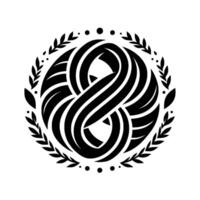 Intricate black and white circular featuring a stylized infinity symbol intertwined with layered curved lines and encircled by a laurel wreath. vector