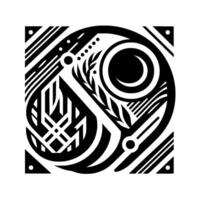 An intricate, abstract, monochrome composition features bold black lines and curves forming a circular within a square frame, evoking a sense of modern art. vector