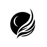 A minimalist, abstract featuring a black circle with a crescent moon element and stylized featherlike white curves, all set against a clean white backdrop. vector