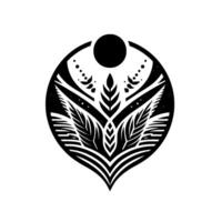 A symmetrical black and white featuring stylized leaves and a central stem within an oval frame with a top circular element and decorative dots, evoking nature. vector