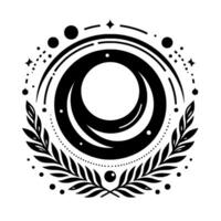 Elegant Black and White Celestial Emblem Crescent Moon, Laurel Wreath, and StarShaped Accents, Symbolizing Serenity. vector