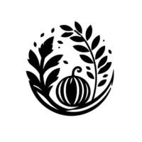A symmetrical, minimalist blackandwhite emblem of a pumpkin nestled within a leafy wreath, evoking autumns harvest, tranquility, and natural elegance. vector