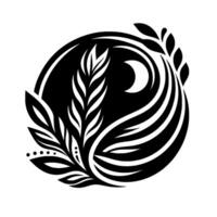 Monochromatic YinYang Composition Botanical elements and crescent moon in a stylized black and white within a circular frame. vector