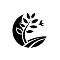A minimalist black and white design, featuring a tree with leaves, a flying bird, and rolling landscape elements, evoking nature. vector