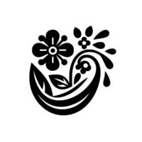 Elegant Floral Silhouette in Black A symmetrical arrangement of stylized flowers, leaves and paisley elements set against a clean white background, conveying simplicity and sophistication. vector
