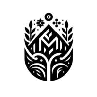 Intricate Black and White Geometric Featuring Symbolic Elements, with a Decorative Oval Shape and Naturalistic Embellishments. vector