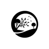 Minimalist black and white featuring a stylized landscape of two trees, rolling hills, and flying birds enclosed within a circle. vector