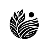 Stylized Black and White Circular Design Leafy Branch and Abstract Landscape Elements, Evoking Natures Harmony with a Celestial Dot. vector