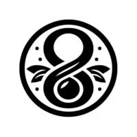 A stylized, symmetrical black and white illustration featuring an intertwined figure eight within a circular frame, embellished with decorative elements like leaves and dots. vector