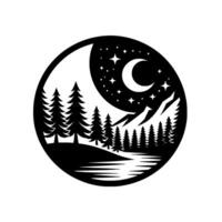 Black and white circular illustration depicts a serene mountain scene at night, with a crescent moon, stars, and silhouetted pine trees reflected in calm water. vector