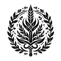 Intricate Black and White Floral Crest with a Central Spikelike Form Encircled by Laurel Wreath and Ornamental Details. vector