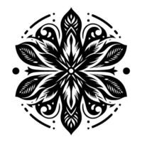 Intricate Black and White Floral Mandala with Leaf and Featherlike Elements, Symmetrical Design, and Ornamental Border. vector