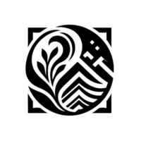Abstract Black and White Composition Circular with PlantLike Forms Enclosed in a Square Frame, Minimalist Aesthetics vector