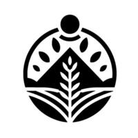 A stark black and white emblem featuring a stylized agrarian scene inside a circle, representing nature, growth, and the sun. vector