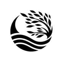 Minimalist Black and White Circular Design Tree with flowing leaves on a wavy base, evokes nature, balance and serenity. vector