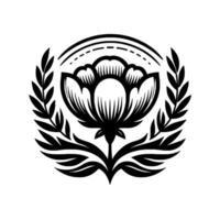 Intricate Black and White Floral Emblem with Laurel Wreath, Graceful Leaves, and Decorative Halo, Ideal for Design. vector