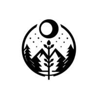 A serene, circular emblem featuring stylized mountains, evergreen trees, a central plant, a crescent moon, and stars against a stark white backdrop. vector