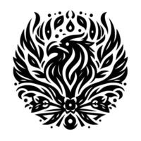 Black and white symmetrical floral phoenix emblem with intricate stylized feathers, foliage and a central eaglelike bird within a circular shape. vector
