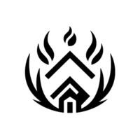 A minimalist, stylized emblem of a house encompassed by stylized flames and arrows, suggesting home protection or a symbol of resilience. vector