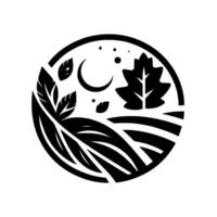 Abstract Black and White Circular Featuring Leaves, Crescent Moon, Field, and Stars, Symbolizing Natures Serenity. vector