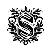 Intricate Monogram Design A Black and White Flourished S Centered Within an Ornate Floral Hexagon, Embodying Elegance. vector